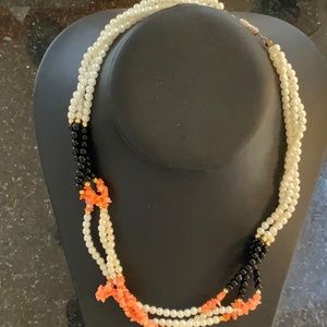 18” Fresh water pearl, black onyx beads & coral necklace.
